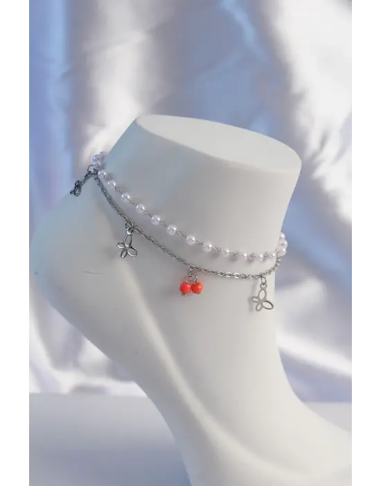 316L Çelik Gümüş Renk Minimal Kelebek Model İncili 2li Tasarım Halhal