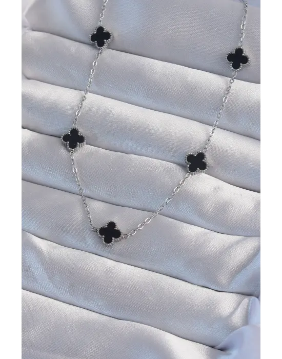  Gümüş  Minimal Siyah Mineli Yonca Çelik Kolye