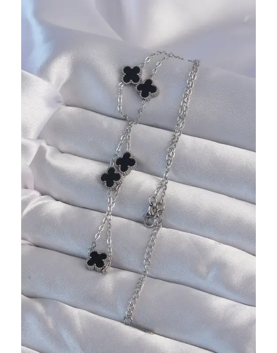  Gümüş  Minimal Siyah Mineli Yonca Çelik Kolye