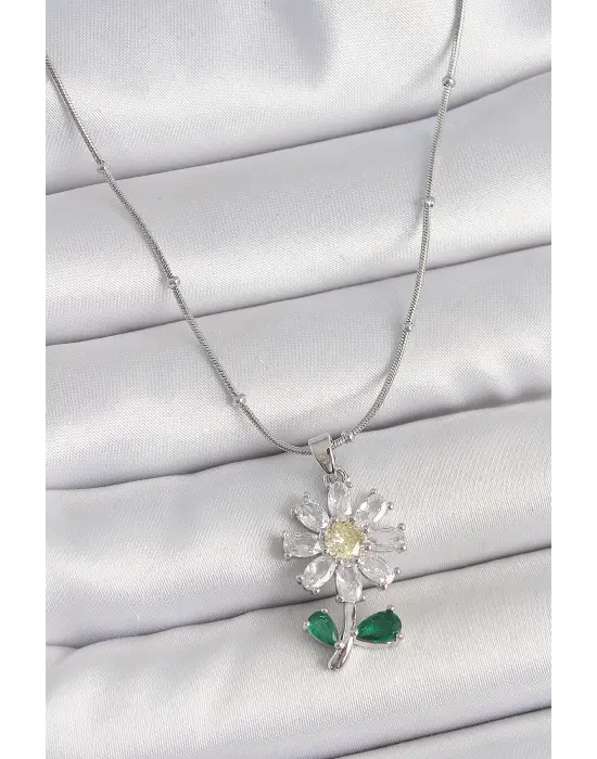 316L Çelik Gümüş Renk Minimal Topçuk Zincir Zirkon Taşlı Papatya Model Kadın Kolye