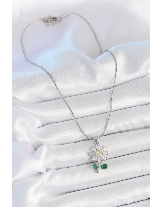 316L Çelik Gümüş Renk Minimal Topçuk Zincir Zirkon Taşlı Papatya Model Kadın Kolye