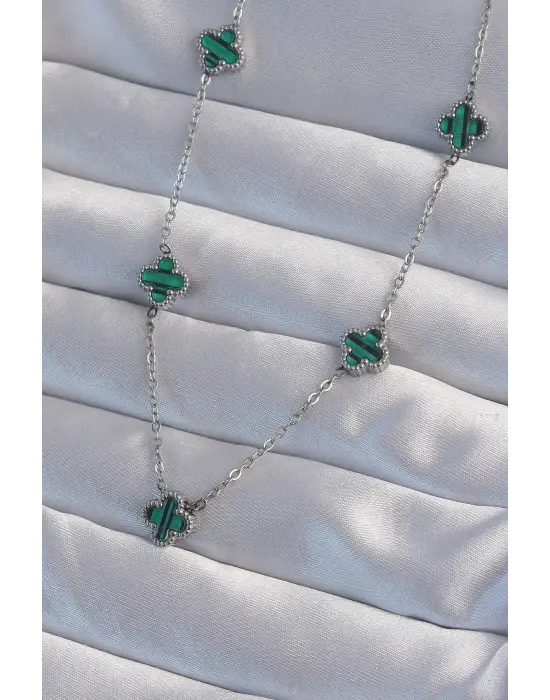  Gümüş  Minimal Yeşil Mineli Yonca Çelik Kolye