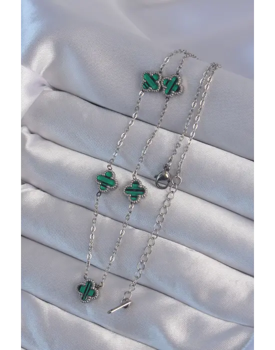  Gümüş  Minimal Yeşil Mineli Yonca Çelik Kolye