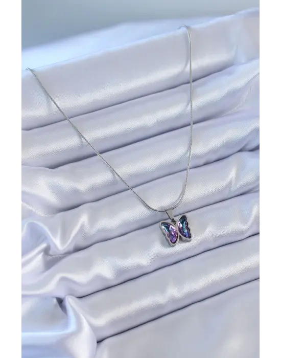  Gümüş  Mor Kristal Taşlı Kelebek Model  Çelik Kolye