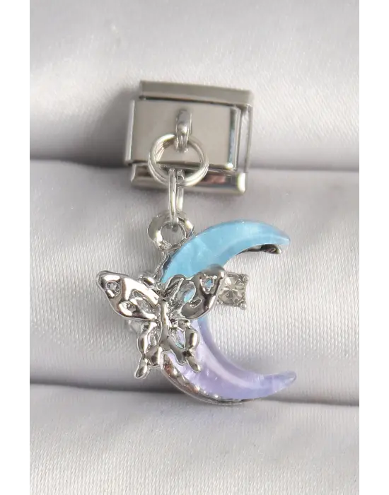 316L Çelik Gümüş Renk Mor Mavi Mix Mineli Hilal Kelebek Figür Zirkon Taş Detaylı Nomination Charm