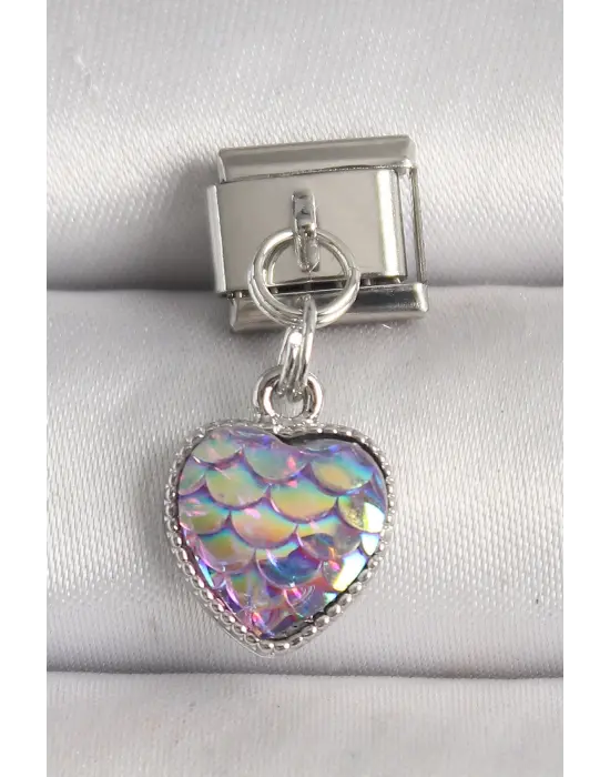 316L Çelik Gümüş Renk Mor Pullu Kalp Model Nomination Charm