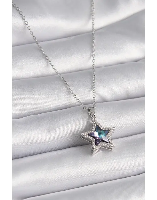  Gümüş  Mor Zirkon Taşlı Yıldız Model  Çelik Kolye
