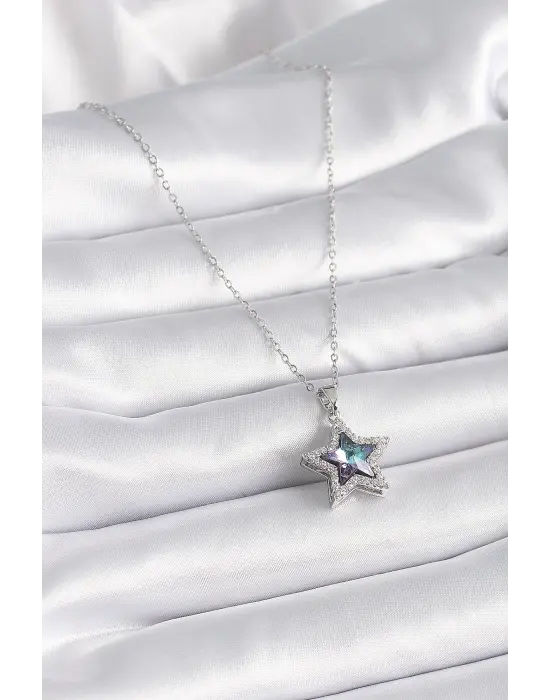  Gümüş  Mor Zirkon Taşlı Yıldız Model  Çelik Kolye