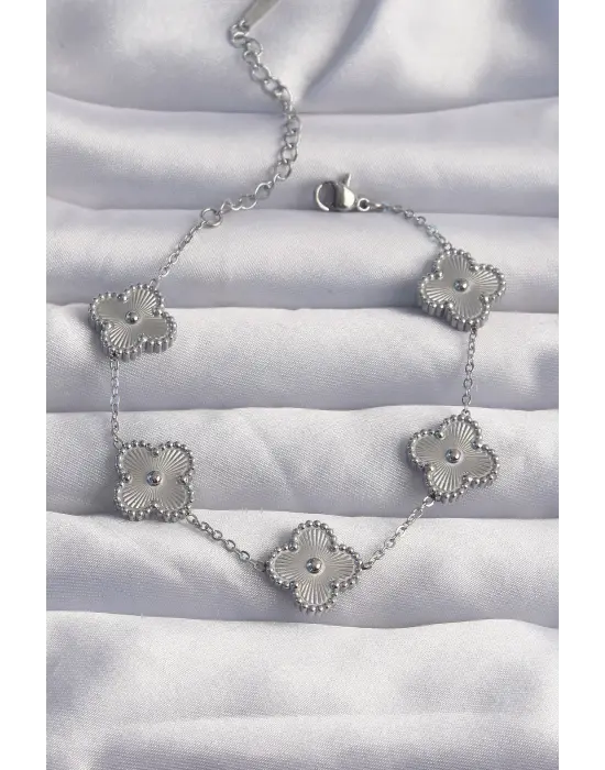 316L Çelik Gümüş Renk Motifli Yonca Bileklik