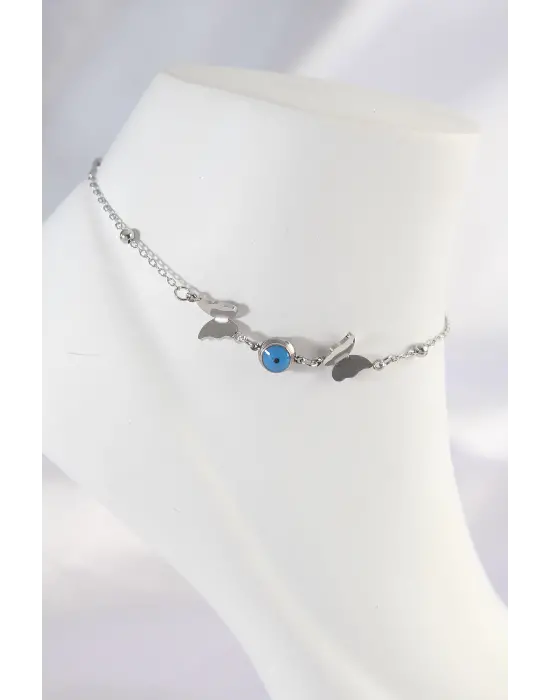 316L Çelik Gümüş Renk Nazar Boncuk Detay Kelebek Halhal