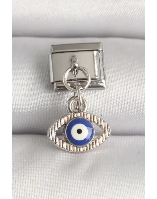 316L Çelik Gümüş Renk Nazar Boncuk Detaylı Göz Model Nomination Charm