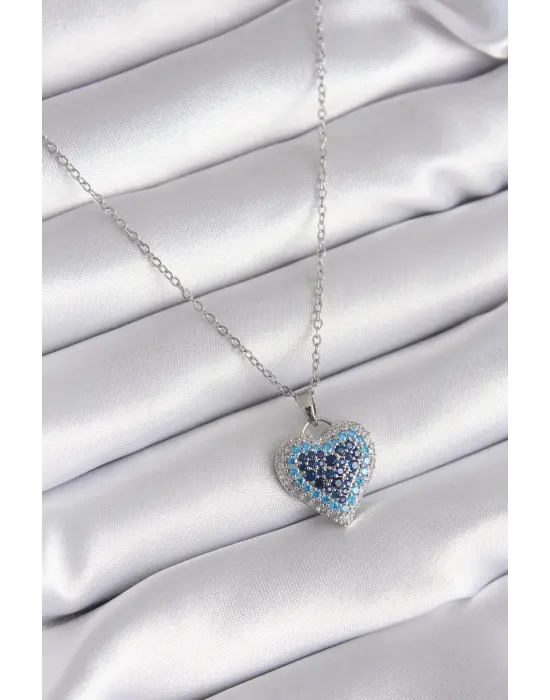  Gümüş  Nazar Boncuk Kalp Model  Çelik Kolye