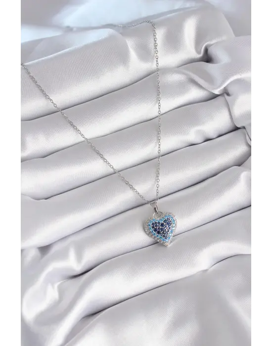  Gümüş  Nazar Boncuk Kalp Model  Çelik Kolye