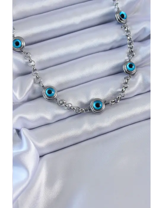  Gümüş  Nazar Boncuk Model  Çelik Kolye