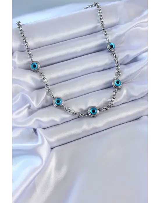  Gümüş  Nazar Boncuk Model  Çelik Kolye