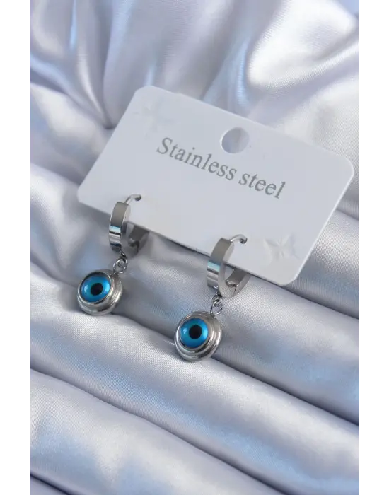   Gümüş Nazar Boncuk Model Çelik Küpe