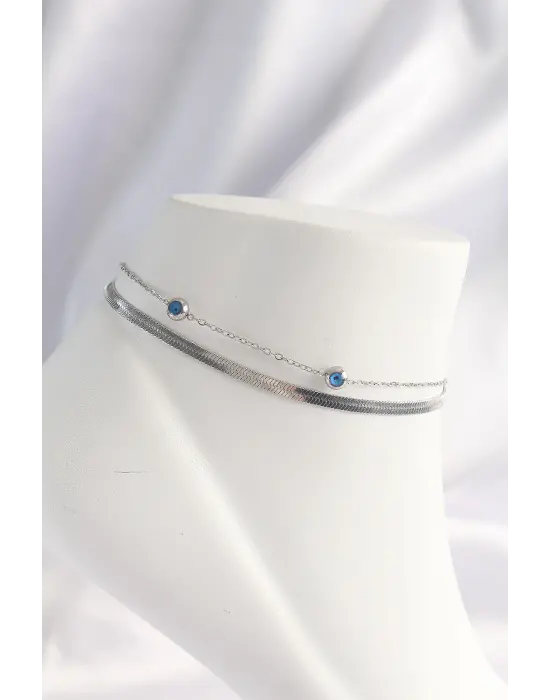 316L Çelik Gümüş Renk Nazar Boncuk Tasarımlı 2li Halhal