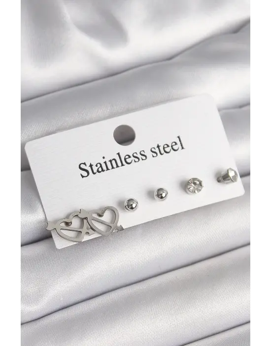   Gümüş Ok Kalp Model Zirkon Taşlı Topçuk Model Çelik Küpe Seti