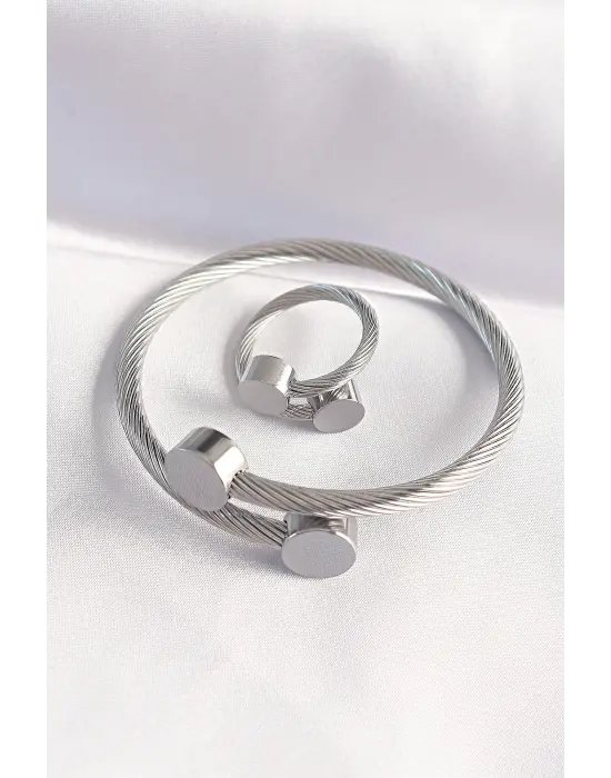 316L Çelik Gümüş Renk Oval Aksesuarlı Burgu Model Bileklik ve Yüzük Kombini