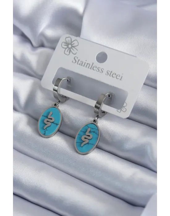   Gümüş Oval Mavi Taşlı Yılan Figür Çelik Küpe