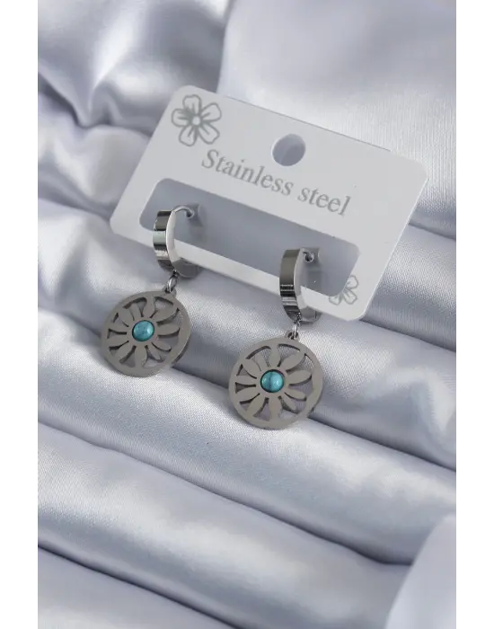   Gümüş Papatya Model Mavi Taş Detay Çelik Küpe