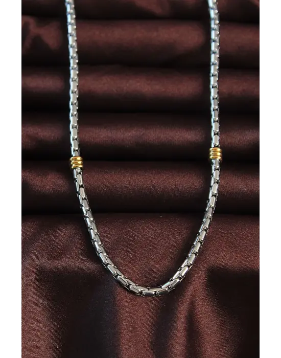 316L Çelik Gümüş Renk Parçalı Gold Detay Spiga Kolye