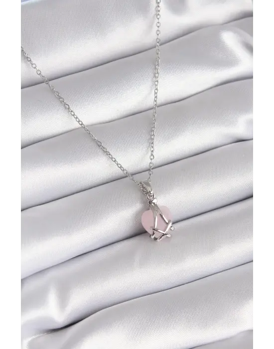  Gümüş  Pembe Kalp Model  Çelik Kolye