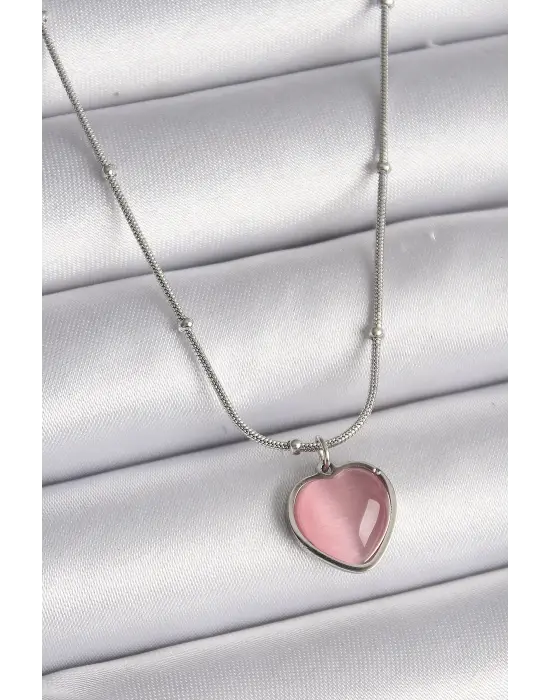  Gümüş  Pembe Kedi Gözü Sedefli Kalp Model  Çelik Kolye