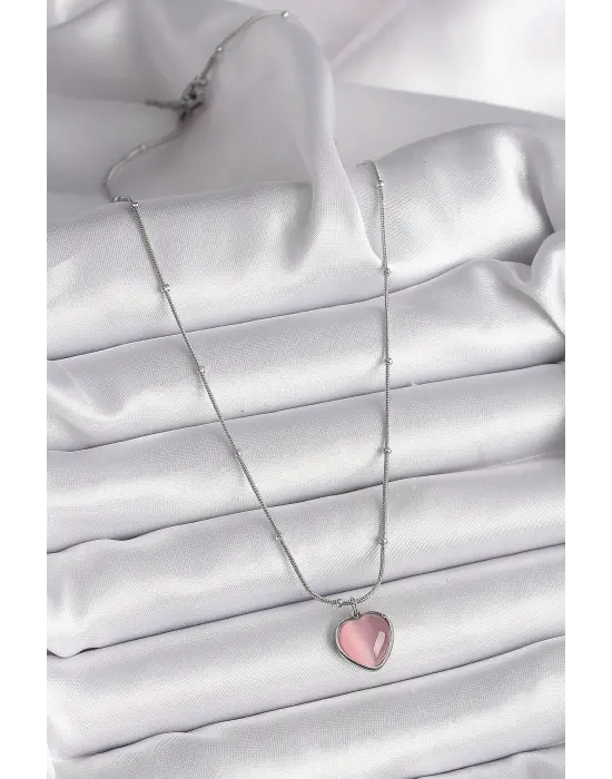  Gümüş  Pembe Kedi Gözü Sedefli Kalp Model  Çelik Kolye