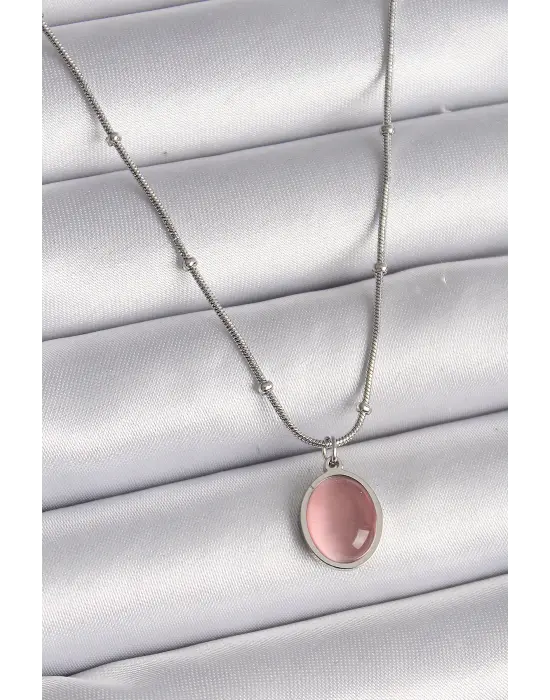  Gümüş  Pembe Kedi Gözü Sedefli Oval Model  Çelik Kolye
