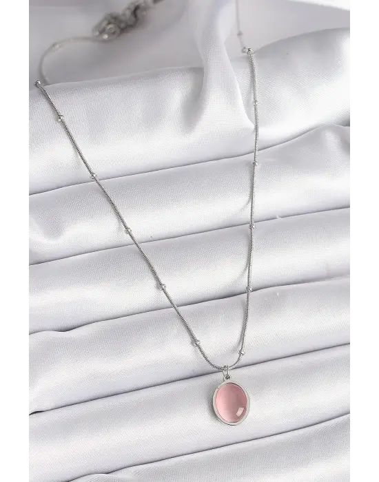  Gümüş  Pembe Kedi Gözü Sedefli Oval Model  Çelik Kolye