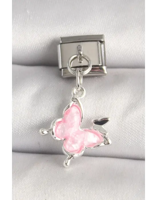 316L Çelik Gümüş Renk Pembe Kelebek Model Kelebek Detay Nomination Charm
