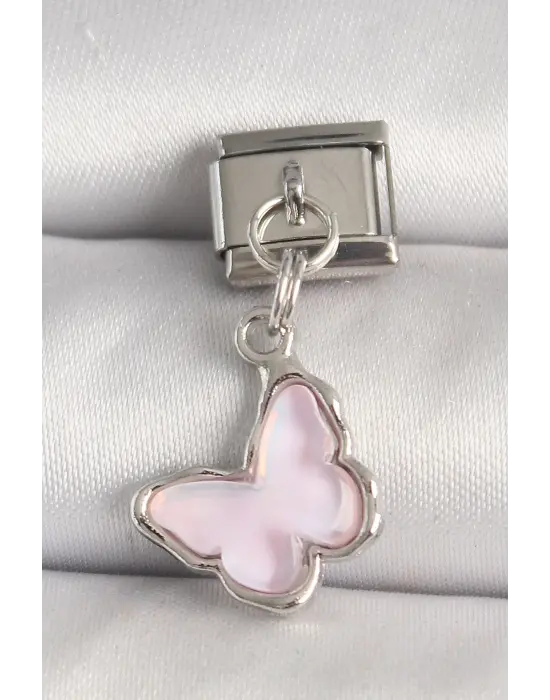 316L Çelik Gümüş Renk Pembe Kelebek Model Nomination Charm