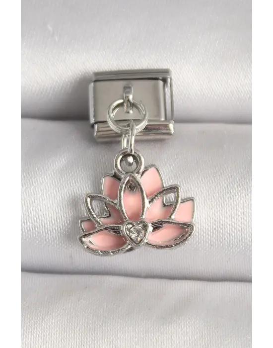 316L Çelik Gümüş Renk Pembe Lotus Model Zirkon Taş Detaylı Nomination Charm