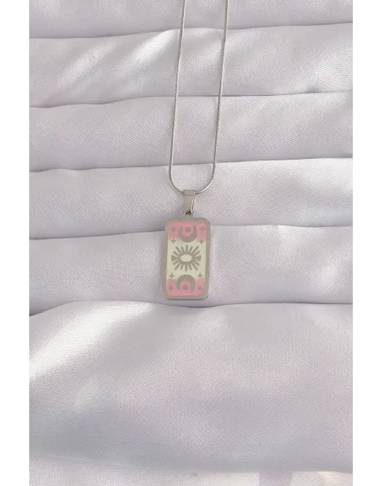  Gümüş  Pembe Mineli Ay Figür Tarot Çelik Kolye