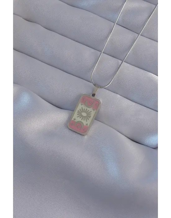  Gümüş  Pembe Mineli Ay Figür Tarot Çelik Kolye