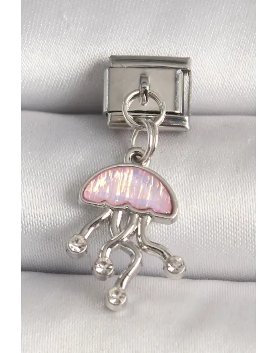 316L Çelik Gümüş Renk Pembe Mineli Deniz Anası Model Zirkon Taş Detaylı Nomination Charm