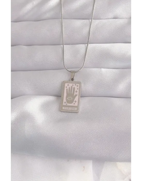  Gümüş  Pembe Mineli El Figür Tarot Çelik Kolye