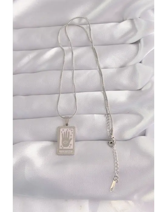  Gümüş  Pembe Mineli El Figür Tarot Çelik Kolye