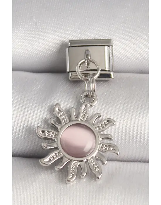 316L Çelik Gümüş Renk Pembe Mineli Güneş Model Nomination Charm