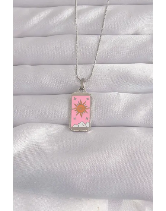  Gümüş  Pembe Mineli Güneş Model Tarot Çelik Kolye