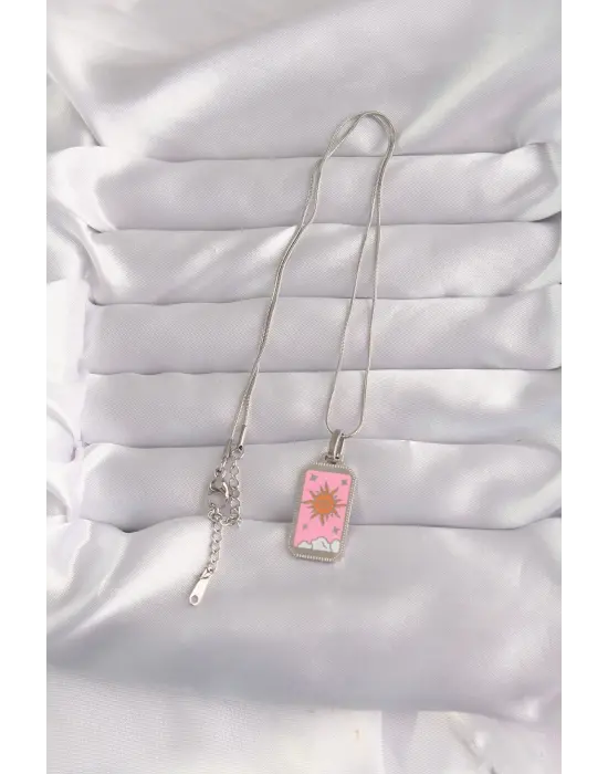  Gümüş  Pembe Mineli Güneş Model Tarot Çelik Kolye
