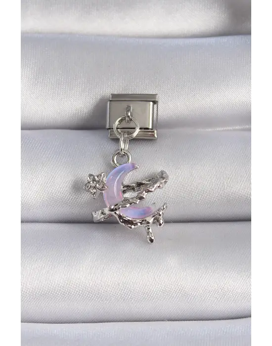 316L Çelik Gümüş Renk Pembe Mineli Hilal Figür Zirkon Taşlı Yıldız Detay Nomination Charm