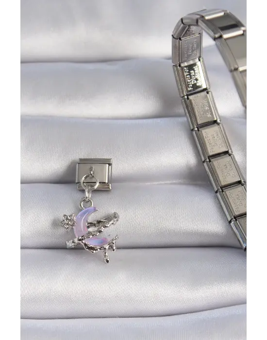 316L Çelik Gümüş Renk Pembe Mineli Hilal Figür Zirkon Taşlı Yıldız Detay Nomination Charm