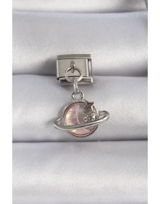 316L Çelik Gümüş Renk Pembe Mineli Hilal Yıldız Figür Zirkon Taşlı Nomination Charm