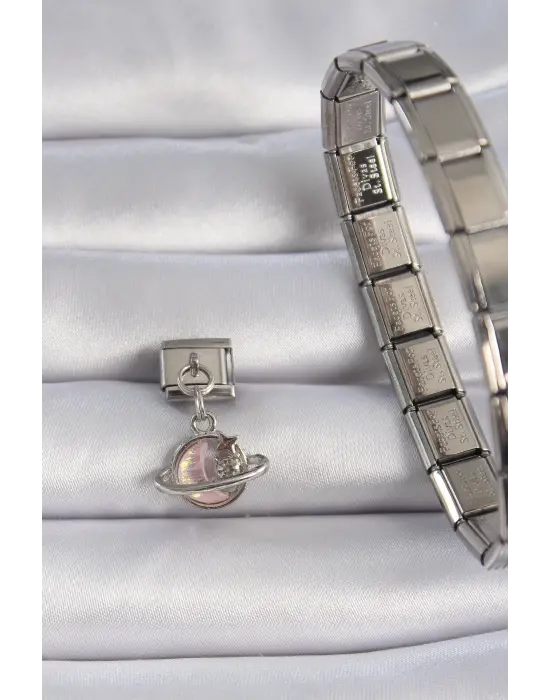 316L Çelik Gümüş Renk Pembe Mineli Hilal Yıldız Figür Zirkon Taşlı Nomination Charm