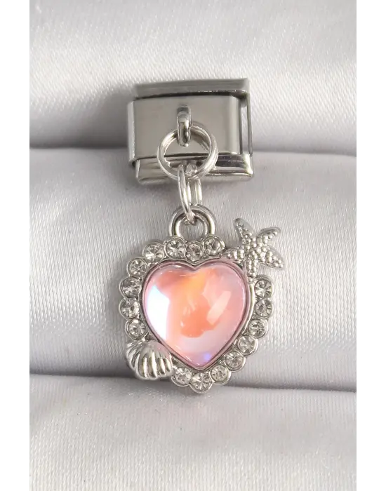 316L Çelik Gümüş Renk Pembe Mineli Kalp Model Deniz Yıldız Detay Nomination Charm