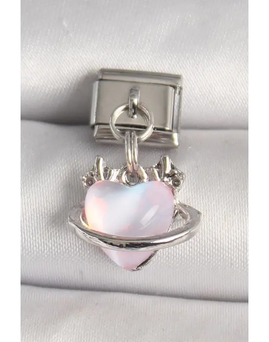 316l Çelik Gümüş Renk Pembe Mineli Kalp Model Nomination Charm