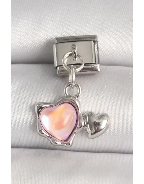 316L Çelik Gümüş Renk Pembe Mineli Kalp Model Nomination Charm