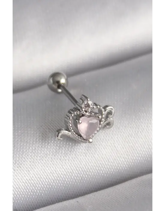 316L Çelik Gümüş Renk Pembe Mineli Kalp Zirkon Taş Detay Tragus Piercing